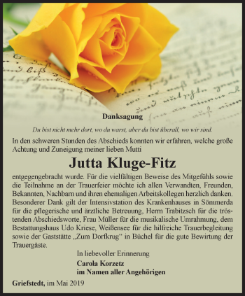 Traueranzeige von Jutta Kluge-Fitz von Thüringer Allgemeine
