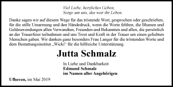 Traueranzeige von Jutta Schmalz von Thüringer Allgemeine, Thüringische Landeszeitung