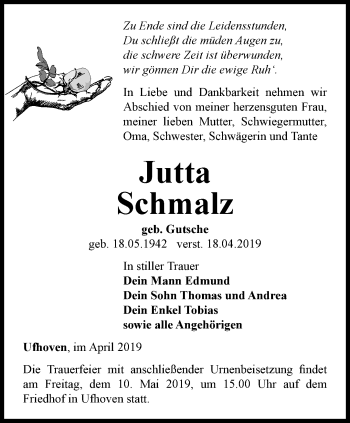 Traueranzeige von Jutta Schmalz von Thüringer Allgemeine, Thüringische Landeszeitung