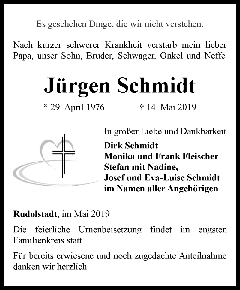  Traueranzeige für Jürgen Schmidt vom 18.05.2019 aus Ostthüringer Zeitung