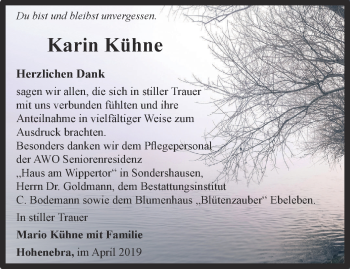 Traueranzeige von Karin Kühne von Thüringer Allgemeine