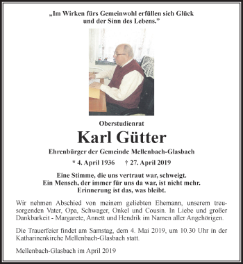 Traueranzeige von Karl Gütter von Ostthüringer Zeitung