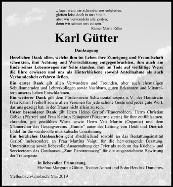 Traueranzeige von Karl Gütter von Ostthüringer Zeitung