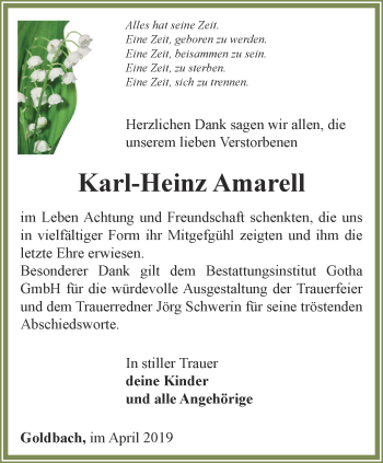 Traueranzeige von Karl-Heinz Amarell von Ostthüringer Zeitung, Thüringische Landeszeitung