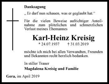 Traueranzeige von Karl-Heinz Kreisig von Ostthüringer Zeitung