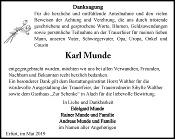 Traueranzeige von Karl Munde von Thüringer Allgemeine, Thüringische Landeszeitung