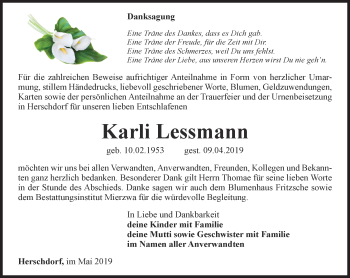 Traueranzeige von Karli Lessmann von Ostthüringer Zeitung