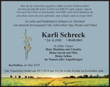 Traueranzeige von Karli Schreck von Ostthüringer Zeitung