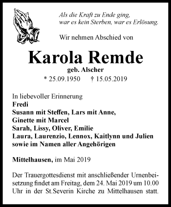 Traueranzeige von Karola Remde von Thüringer Allgemeine, Thüringische Landeszeitung