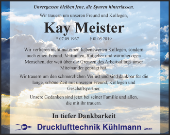 Traueranzeige von Kay Meister von Thüringer Allgemeine, Thüringische Landeszeitung