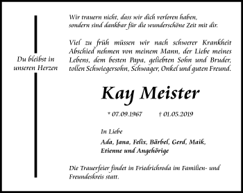 Traueranzeige von Kay Meister von Ostthüringer Zeitung, Thüringische Landeszeitung