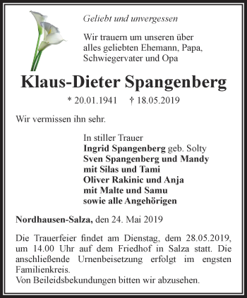 Traueranzeige von Klaus-Dieter Spangenberg von Thüringer Allgemeine