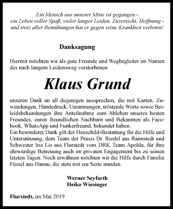 Traueranzeige von Klaus Grund von Thüringer Allgemeine, Thüringische Landeszeitung