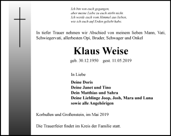 Traueranzeige von Klaus Weise von Ostthüringer Zeitung