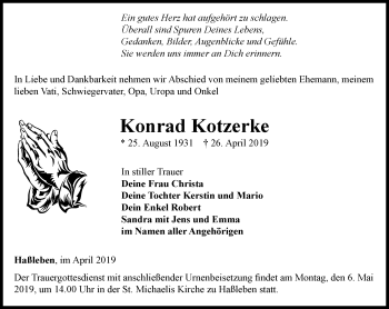 Traueranzeige von Konrad Kotzerke von Thüringer Allgemeine, Thüringische Landeszeitung