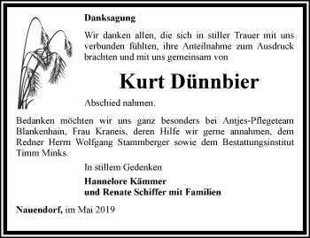 Traueranzeige von Kurt Dünnbier von Thüringer Allgemeine, Thüringische Landeszeitung