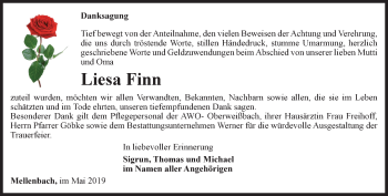 Traueranzeige von Liesa Finn von Ostthüringer Zeitung