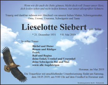 Traueranzeige von Lieselotte Siebert von Thüringer Allgemeine, Thüringische Landeszeitung