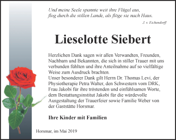 Traueranzeige von Lieselotte Siebert von Thüringer Allgemeine, Thüringische Landeszeitung