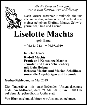 Traueranzeige von Liselotte Machts von Ostthüringer Zeitung, Thüringische Landeszeitung