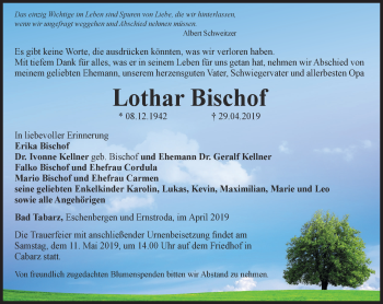 Traueranzeige von Lothar Bischof von Ostthüringer Zeitung, Thüringische Landeszeitung