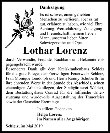 Traueranzeige von Lothar Lorenz von Ostthüringer Zeitung