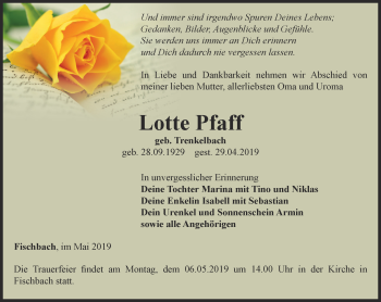 Traueranzeige von Lotte Pfaff von Ostthüringer Zeitung, Thüringische Landeszeitung