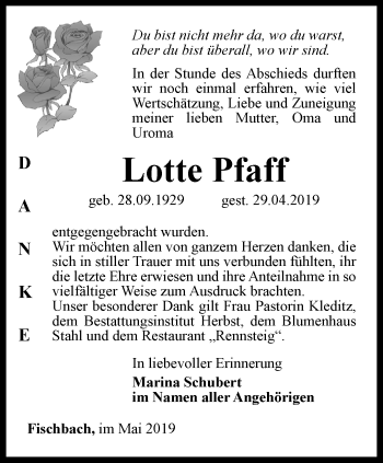 Traueranzeige von Lotte Pfaff von Ostthüringer Zeitung, Thüringische Landeszeitung