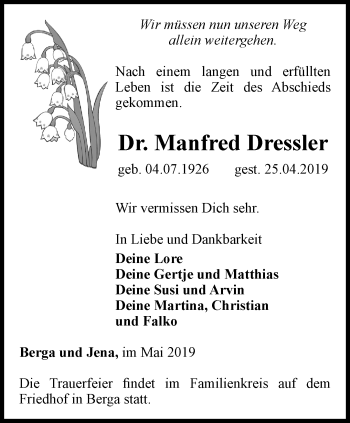 Traueranzeige von Manfred Dressler von Ostthüringer Zeitung