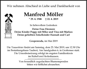 Traueranzeige von Manfred Möller von Thüringer Allgemeine, Thüringische Landeszeitung