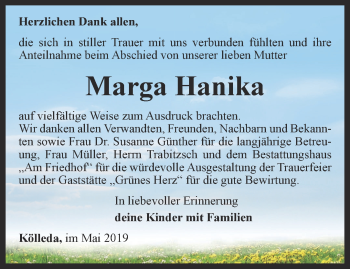 Traueranzeige von Marga Hanika von Thüringer Allgemeine