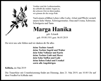 Traueranzeige von Marga Hanika von Thüringer Allgemeine