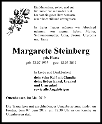 Traueranzeige von Margarete Steinberg von Thüringer Allgemeine