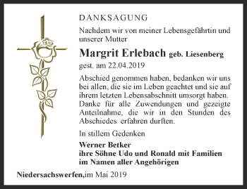 Traueranzeige von Margrit Erlebach von Thüringer Allgemeine