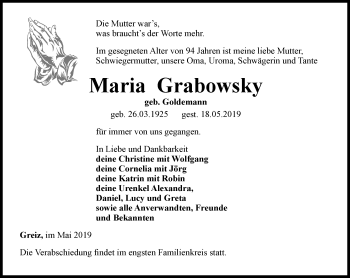 Traueranzeige von Maria Grabowsky von Ostthüringer Zeitung