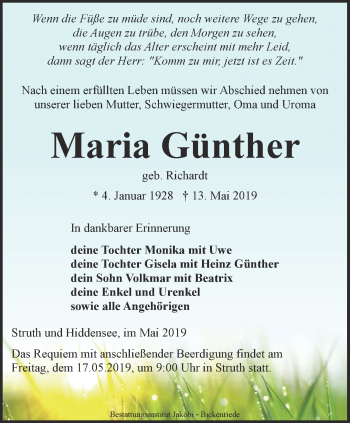 Traueranzeige von Maria Günther von Thüringer Allgemeine, Thüringische Landeszeitung