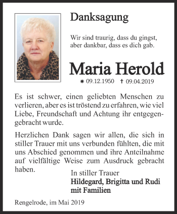 Traueranzeige von Maria Herold von Thüringer Allgemeine