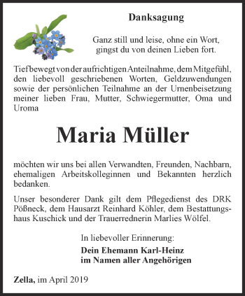 Traueranzeige von Maria Müller von Ostthüringer Zeitung