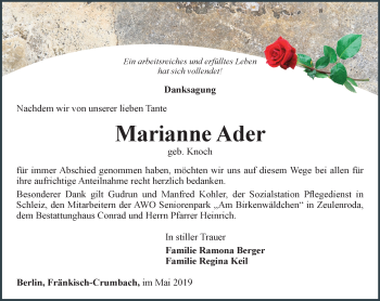Traueranzeige von Marianne Ader von Ostthüringer Zeitung