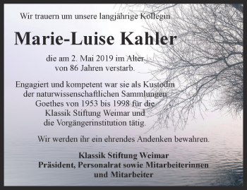 Traueranzeige von Marie-Luise Kahler von Thüringer Allgemeine, Thüringische Landeszeitung