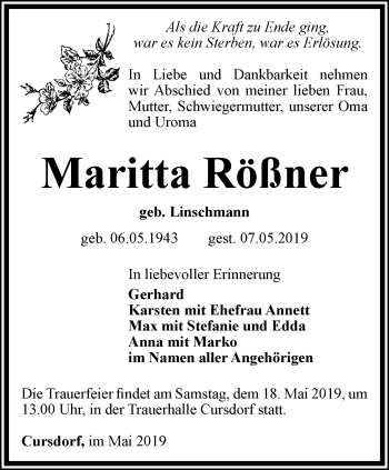 Traueranzeige von Maritta Rößner von Ostthüringer Zeitung