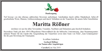 Traueranzeige von Maritta Rößner von Ostthüringer Zeitung