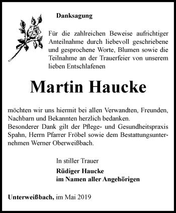 Traueranzeige von Martin Haucke von Ostthüringer Zeitung