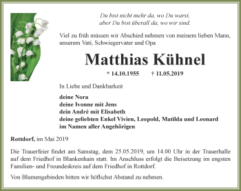 Traueranzeige von Matthias Kühnel von Thüringer Allgemeine, Thüringische Landeszeitung