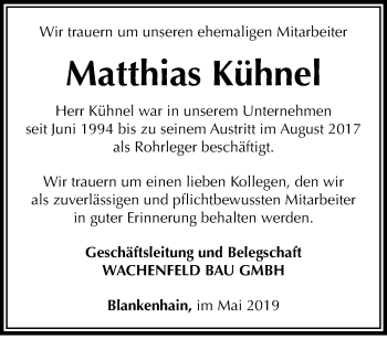 Traueranzeige von Matthias Kühnel von Thüringer Allgemeine, Thüringische Landeszeitung