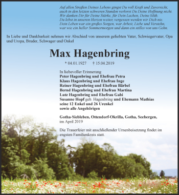 Traueranzeige von Max Hagenbring von Ostthüringer Zeitung, Thüringische Landeszeitung