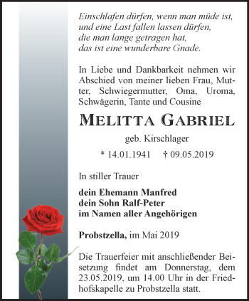 Traueranzeige von Melitta Gabriel von Ostthüringer Zeitung