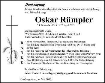 Traueranzeige von Oskar Rümpler von Thüringer Allgemeine, Thüringische Landeszeitung