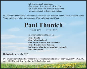 Traueranzeige von Paul Thunich von Ostthüringer Zeitung