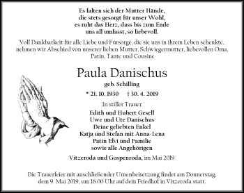 Traueranzeige von Paula Danischus von Thüringer Allgemeine, Thüringische Landeszeitung